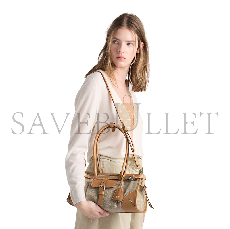 PRADA BONNIE MEDIUM LINEN AND LEATHER HANDBAG 1BA426 (32*15.5*12cm)